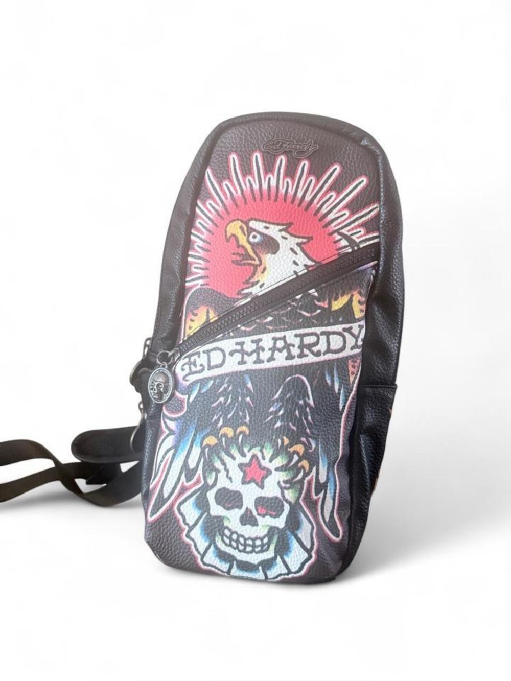 Ed Hardy Black Sling Bag with Red and Blue Tattoo Graphic